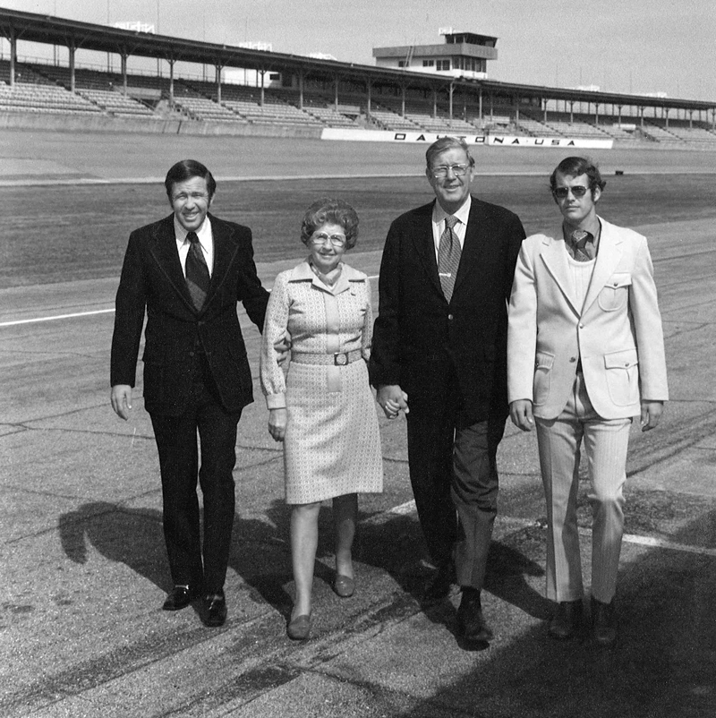 The France family at Daytona International Speedway. (L-R) Bill France Jr, parents Anne B. France and  Bill France Sr, and brother Jim France