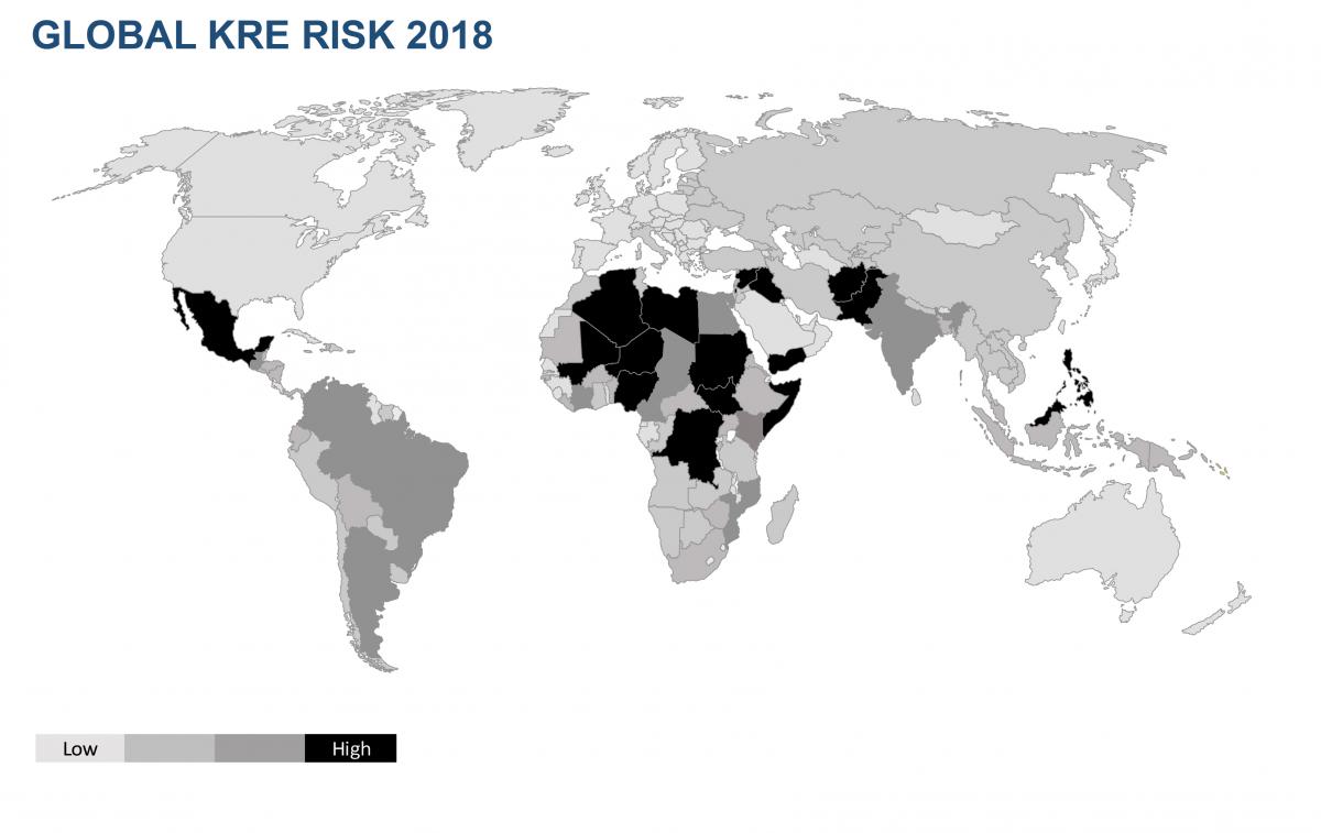 A heat map of the kidnap, ransom and extortion (KRE) risk around the world, based on Schillings’ expertise and research