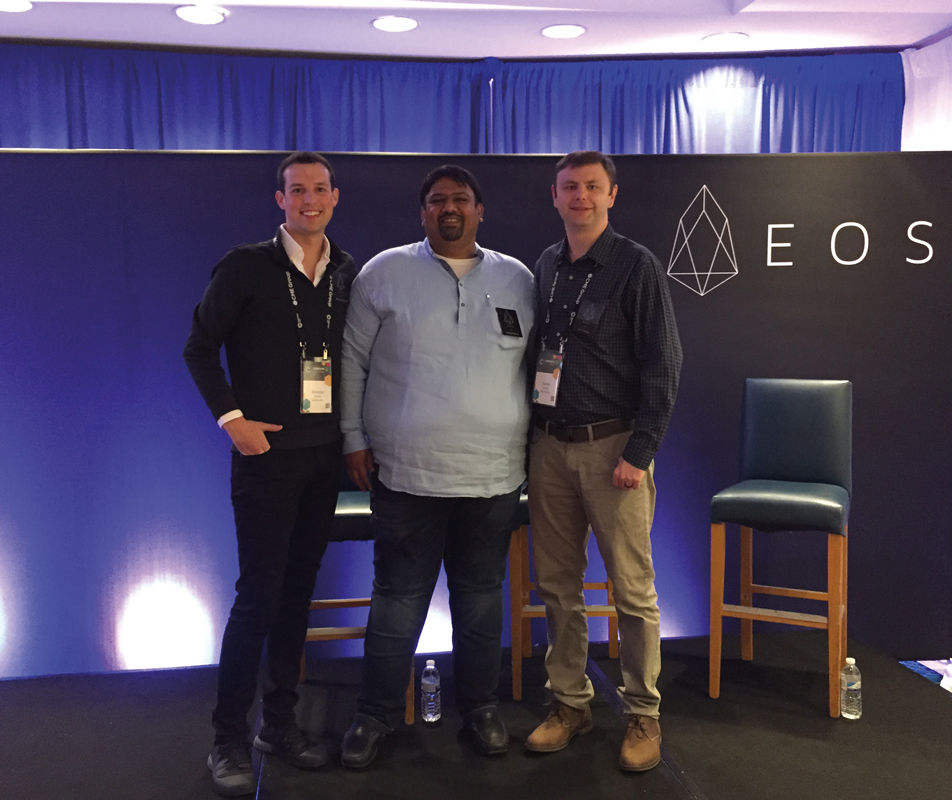 Sanjay Mehta with Brendan Blumer (left) and Daniel Larimer, founders of Block.one, the tech company producing the EOS.IO  in 2017