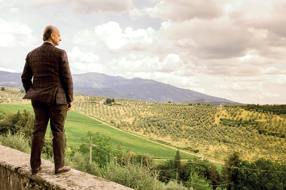 Lamberto Frescobaldi admires the views of the vineyards across Castello Nipozzano
